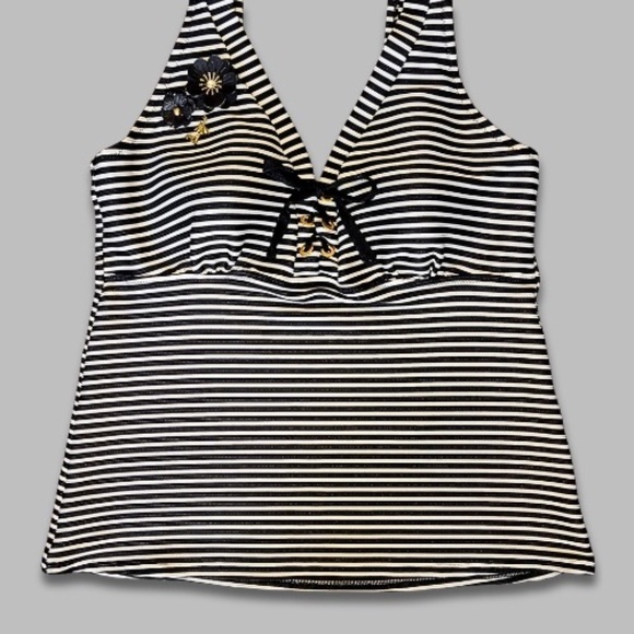 Lands’ End Tankini Top Striped Lace-Up V-Neck Built-In Bust Gold/Black/White 16 - Picture 1 of 5